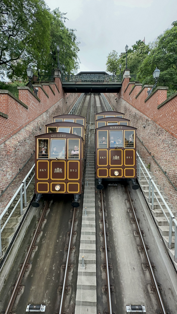 funicolare di budapest, entrambe le carrozze che si incontrano a metà strada